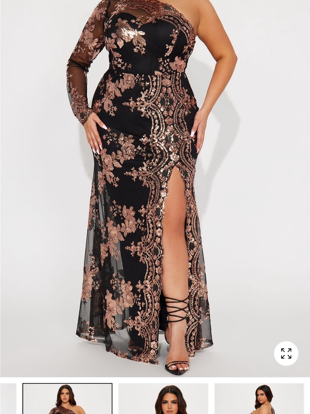 Fashion Nova Black One-Shoulder Sequin Floral Gown with Rose Gold Accents